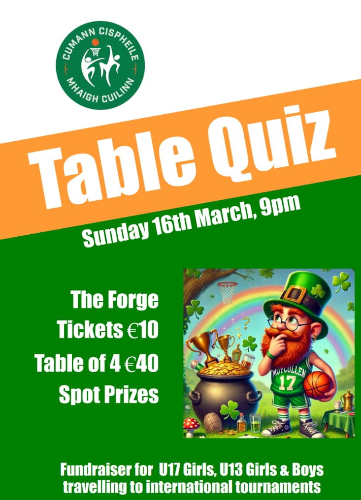 Join us this Sunday, March 16th, at The Forge for a fun-filled table quiz! Help support our U13 Boys, U13 Girls, and U17 Girls as they prepare for international tournaments. Test your knowledge and enjoy a great night! 💚🏀